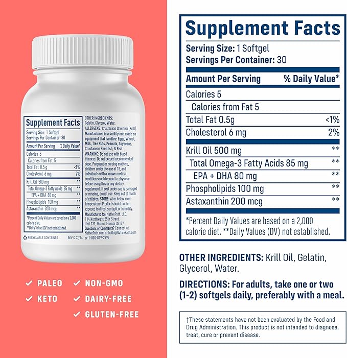 NativePath Wild-Caught Antarctic Krill Oil 500mg - Premium Astaxanthin 200mcg Phospholipid-Bound Omega-3 EPA DHA - Pure Formula GMP Certified Third Party Tested - 30 Softgels