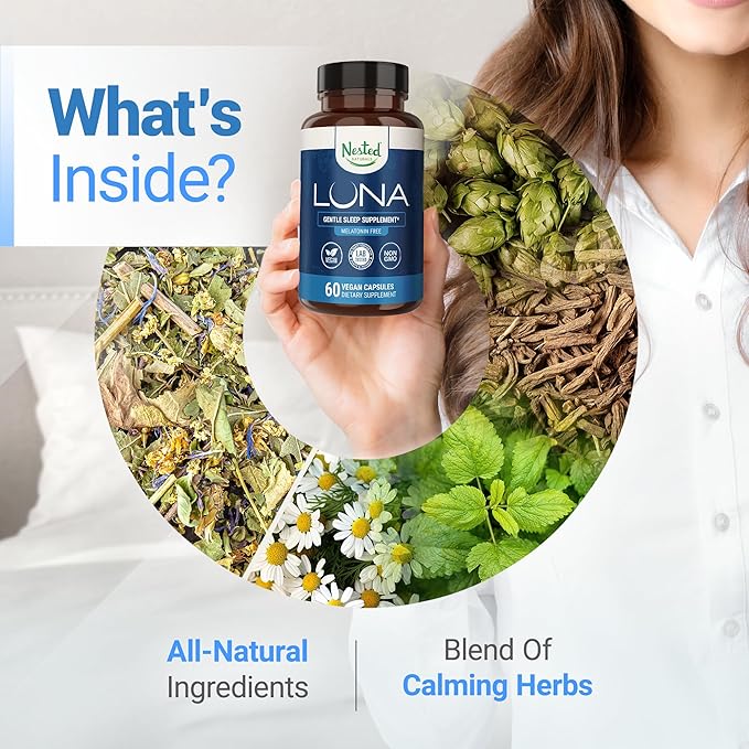 Nested Naturals Luna Melatonin-Free Pack of Two, Bedtime Supplement for Adults, Herbal Nighttime Sleeping Capsule, Valerian Root with Chamomile, Lemon Balm, Non-GMO, Gluten-Free