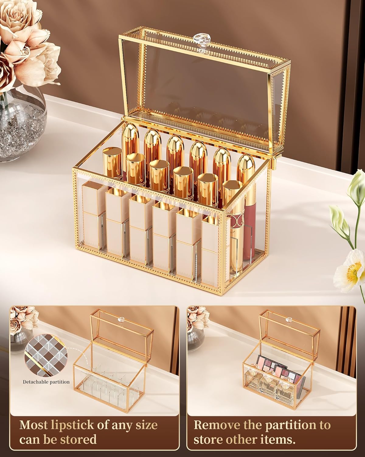 Lipstick Organizer,Luxury Tempered Glass Lipstick Holder & Nail Polish Organizer, 18-Slot Vanity Cosmetic Organizer with Removable Dividers, Gold