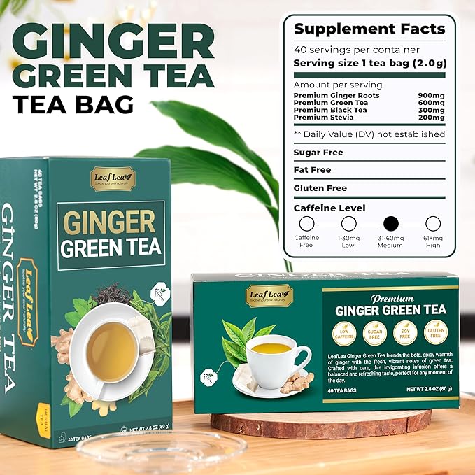 LeafLea Ginger Green Tea, 120 Tea Bags, Premium Green Tea Blend with Pure Ginger Root, Supports Digestive Wellness, Natural Flavor, Low Caffeine, Sugar-Free