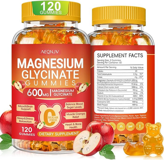 Magnesium Glycinate Gummies 600mg High Absorption, Magnesium Glycinate for Women and Men with Vitamin D, B6, and CoQ10 for Adults & Kids, Magnesium Supplement for Calm Support & Sleep, 120 Count