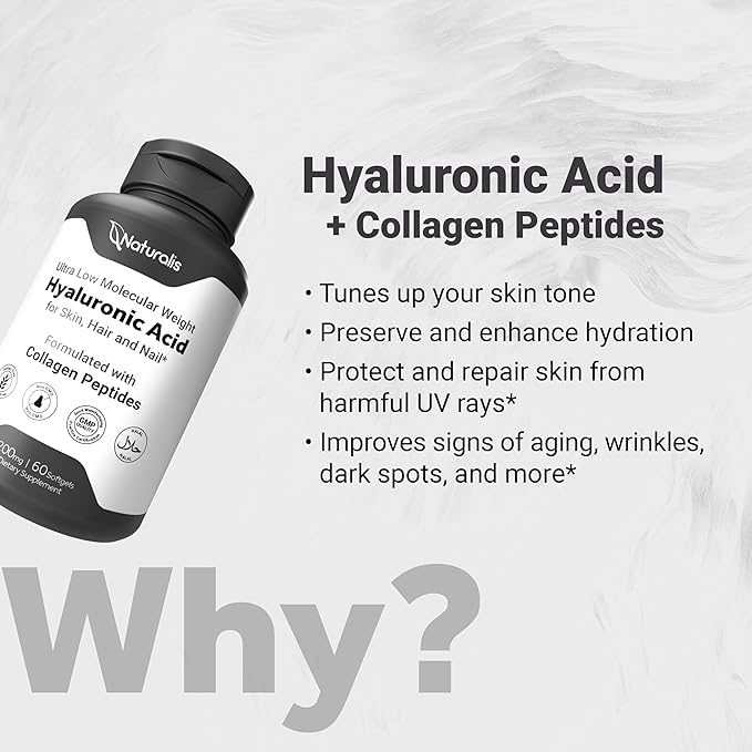 Hyaluronic Acid 200mg, 10x Better Absorption Ultra Low Molecular Weight with Collagen, Biotin, Selenium & Vitamin E | Hair, Skin, Nails & Joint Supplements | 120 Softgels