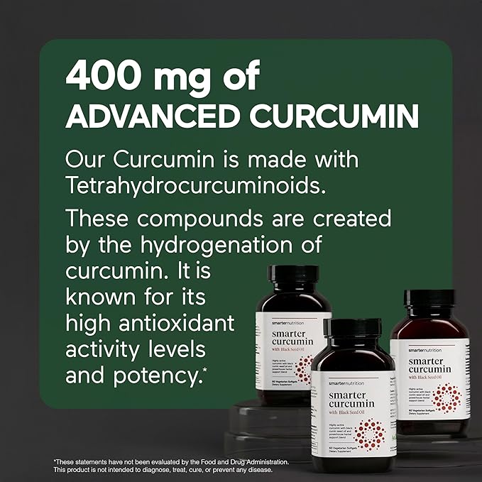 Smarter Nutrition Curcumin Softgels - Vegan High Absorption 400 mg Turmeric Supplement + Black Seed Oil & Ginger - 95% Tetrahydrocurcuminoids Non-GMO, USA Manufactured - 60 Ct[30 Servings]