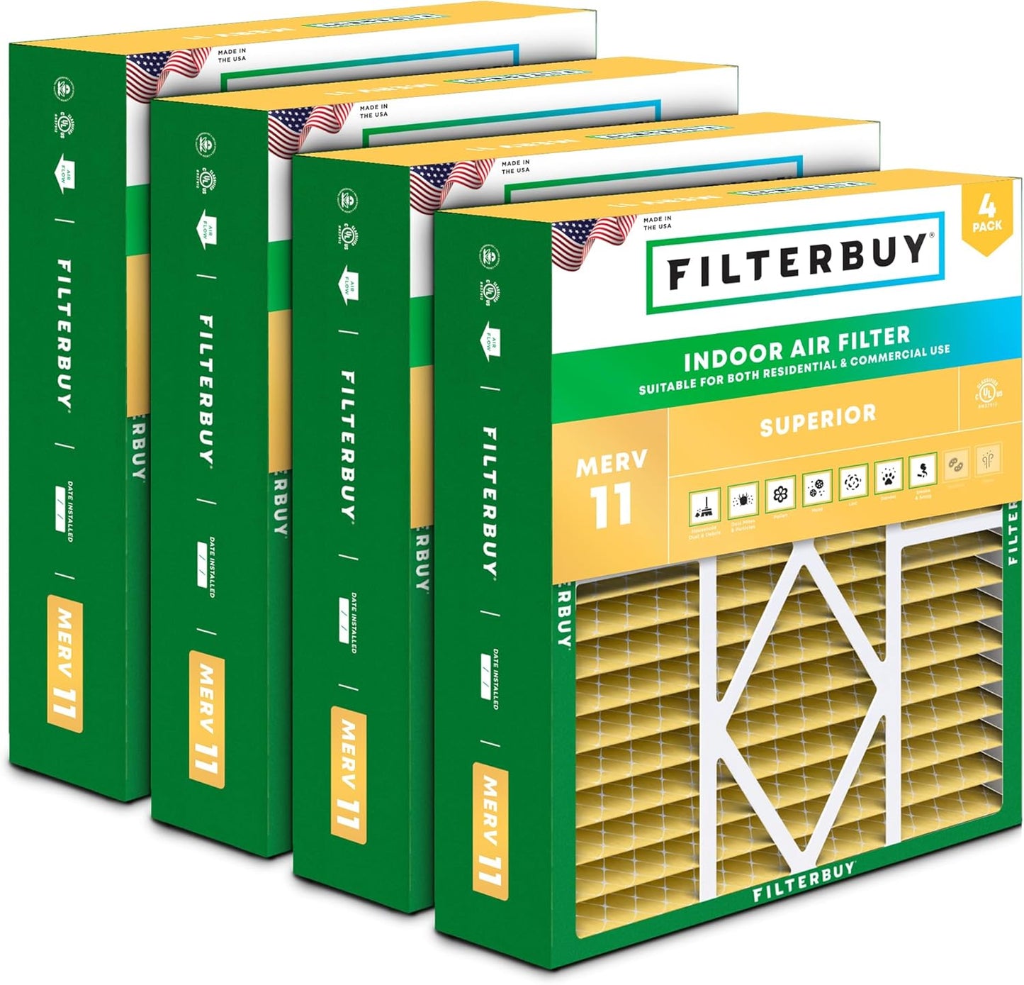 Filterbuy 19x20x5 Air Filter MERV 11 Superior Pet & Allergy Defense (4-Pack), Pleated HVAC AC Furnace Filters for Bryant, Carrier, BDP, Day & Night, and Payne (Actual Size: 19.06 x 19.81 x 4.25)