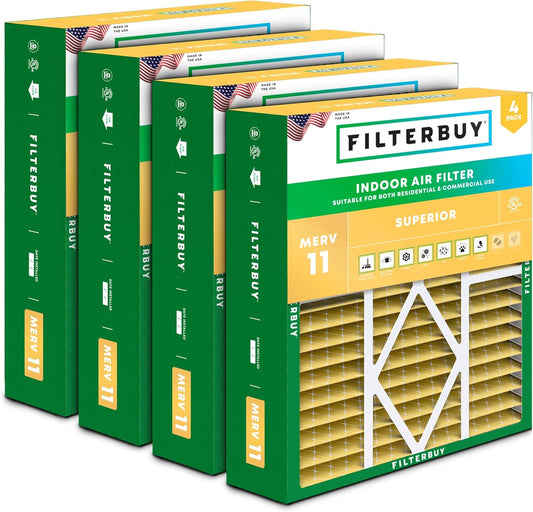 Filterbuy 20x20x5 Air Filter MERV 11 Superior Pet & Allergy Defense (4-Pack), Pleated HVAC AC Furnace Filters for Amana, Coleman, Goodman, Maytag, York, and More (Actual Size: 20.25 x 20.75 x 5.25)