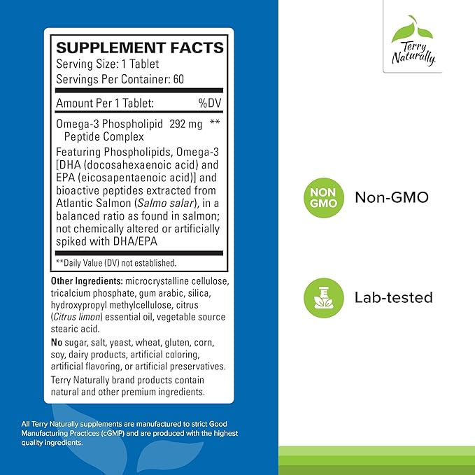 Terry Naturally Vectomega - Supplement with EPA & DHA - Omega-3 Tablets for Brain & Heart Health Support - Nutritional Supplement with Essential Fatty Acids & Peptides - 60 Tablets (Pack of 2)