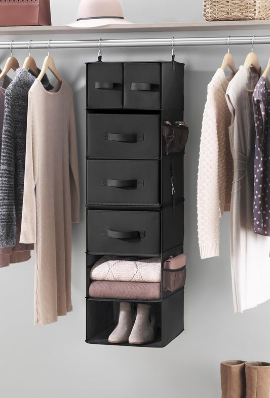 Whitmor Multi-Functional Hanging Organizer with Drawer Inserts- 5 Section - Closet Organizer - Black