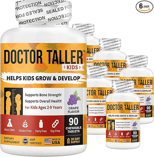 Doctor Taller Kids - Support Bone Strength with Multivitamins, Multiminerals, Calcium Bone Health Formula for Kids Ages 2 to 9 - Grape Flavor - Helps Children Grow Stronger - 6 Pack | 9 Months Supply