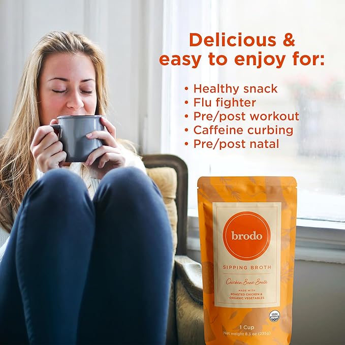 Brodo Organic Chicken Broth | Nutrient Dense, Chef Crafted Bone Broth in Single Serving Pouches | Not Made From Concentrate, No Preservatives (6x 8.3 oz Pouches)
