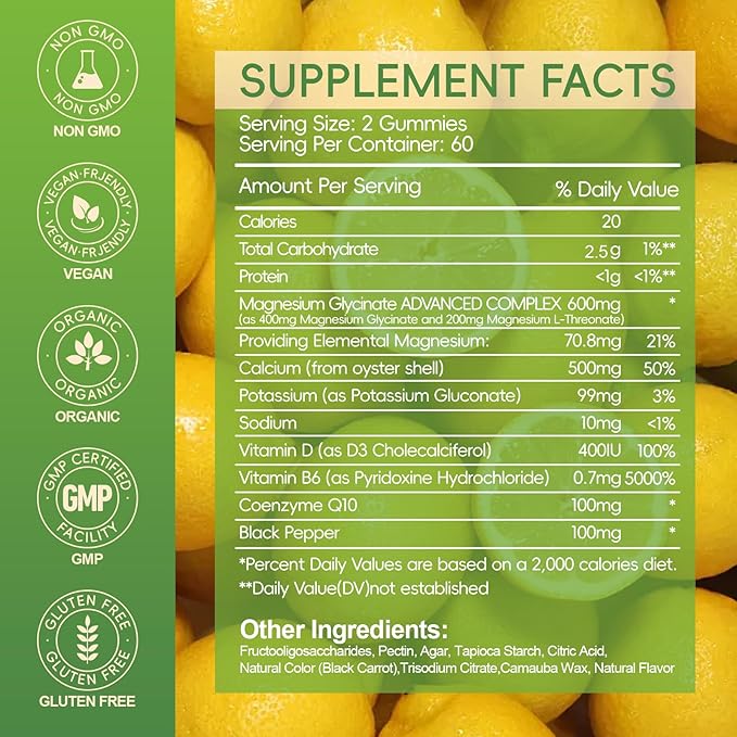 Magnesium Glycinate Gummies 600mg, Chewable Magnesium Supplements for Adults, Men and Women, Vitamin D, B6 and CoQ10, Potassium Magnesium Gummy for Sleep, Relaxation, Brain & Muscle, 120 Gummies