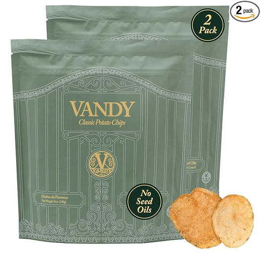 Vandy Crisps Potato Chips - Seed Oil Free Snacks - Gluten Free Potato Chip - Made with Potatoes, Grass-Fed Beef Tallow, Sea Salt, & Herbes de Provence Blend - 2 Pack, 5 Ounce Each (Herbes de Provence)