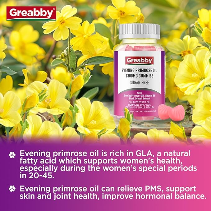Evening Primrose Oil Gummies for Women, 1300mg with Black Cohosh & Vitamin B6, Sugar-Free, PMS Relief Supplements for Women 20-45, Support Skin Health, Strawberry Flavor, Vegan, Pectin, 60 Count