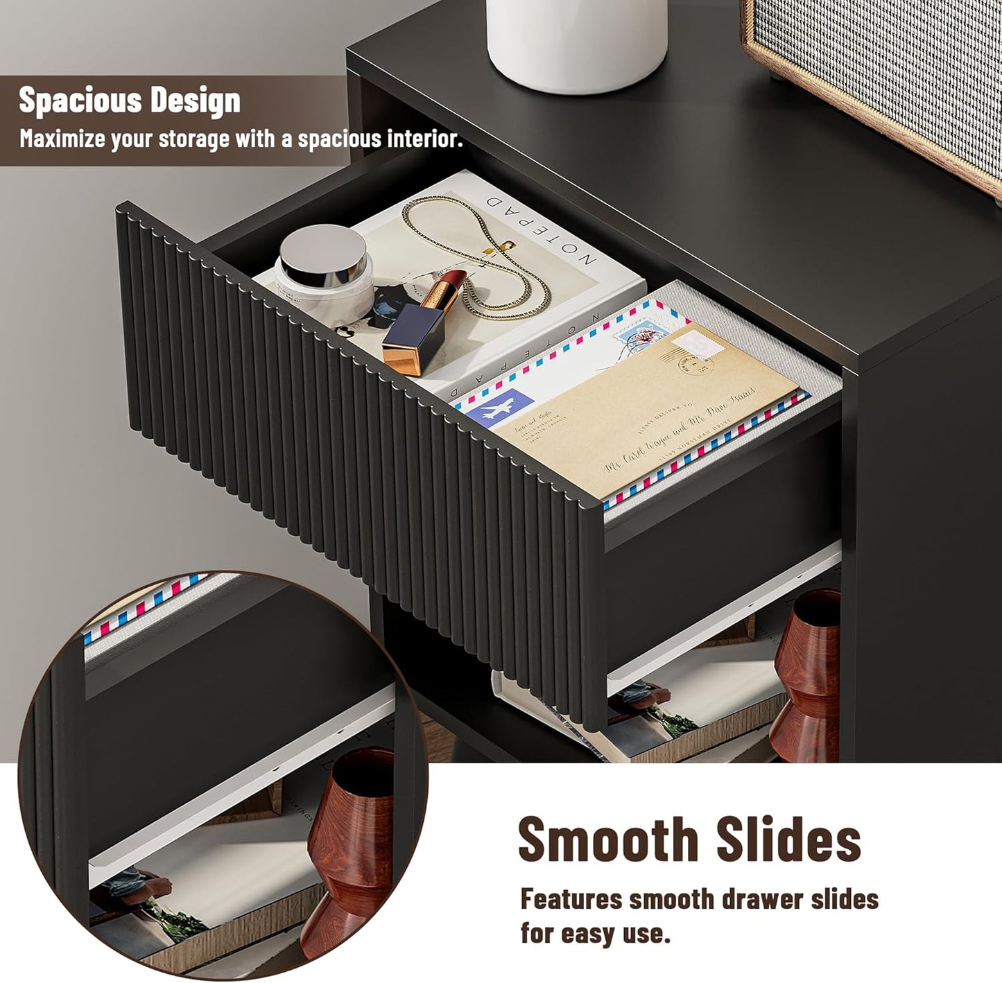 Nightstand, Modern Bedside Table with Storage Drawers and Open Wood Shelf, Night Stand with Solid Wood Legs, End Tables Side Tables for Living Room, Bedroom Black