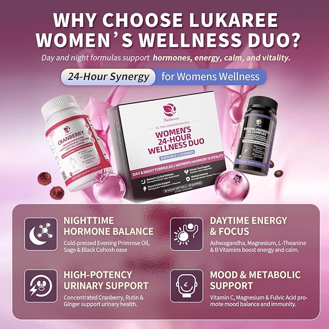 Evening Primrose Oil & Cranberry Wellness Duo – Supports Urinary Health, Hormonal Balance, Skin Health, Stress Relief, and Relaxation – Daytime Clarity & Nighttime Calm – 30-Day Supply