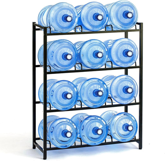 5 Gallon Water Dispenser Jug Holder Heavy Duty Water Cooler Jug Rack and 4 Tier Water Storage Rack with 12 Slots for Gallon Jugs (Black)