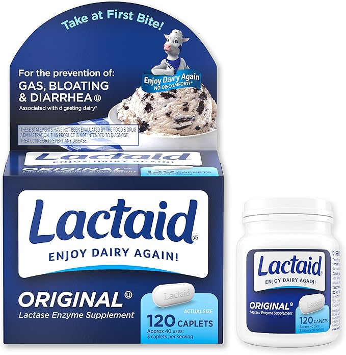 Lactaid Original Strength Lactose Intolerance Pills, 9000 FCC Natural Lactase Enzyme Dairy Relief Caplets, Helps Prevent Gas, Bloating & Diarrhea Due to Lactose Sensitivity in Adults & Kids, 120 Count