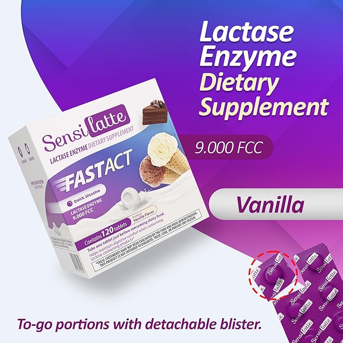 Lactase Enzyme 120 Tablets Vanilla - 9.000 FCC - Sensilatte – Quick Dissolution – Helps with Digestive Comfort – Prati Donaduzzi