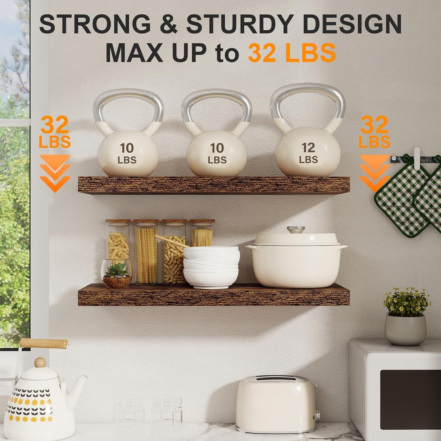 Floating Shelves for Wall, 27.5 Inch Bathroom Shelves Set of 2, Rustic Wood Wall Shelf with Invisible Brackets for Books|Storage|Decor, 8 Inch Deep Floating Shelf for Bedroom|Kitchen, Rustic Brown