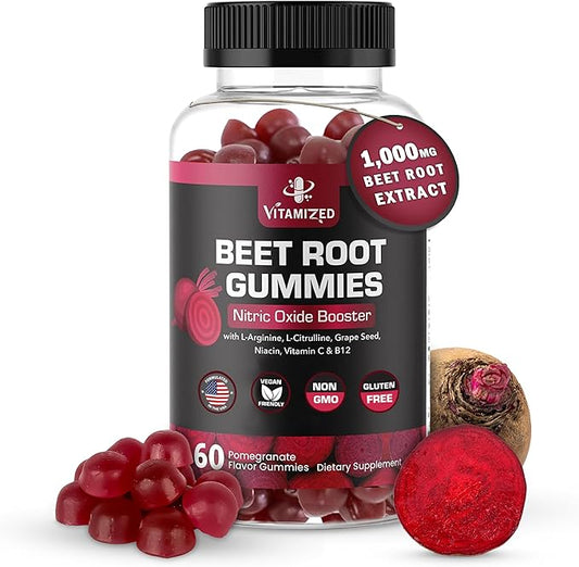 Beet Root Gummies - Super Nitric Oxide Beets Supplement - Red Beetroot Heart Chews with Grape Seed Power & B12- Pomegranate Flavor, 60 Chewables Beets