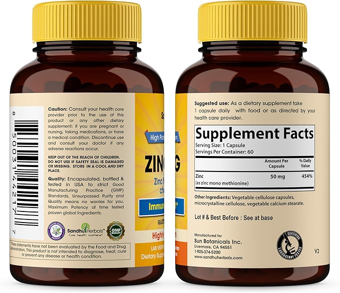 Sandhu Herbals Zinc 50mg Supplement for Men & Women| High Absorption Zinc Monomethionine Complex 60 Capsules| Supplements for Immune, Acne & Antioxidant Support| Vegetarian