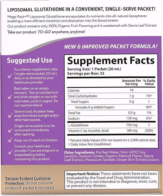 Aurora Nutrascience Mega-Liposomal Liquid Glutathione, Immune & Antioxidant Gut Health Support Supplement, 750 mg per Serving, Non-GMO, Sugar-Free, 32 Single Serve Packets