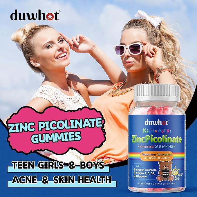 Zinc Picolinate 30mg / 15mg Gummies, High Absorption Zinc Supplements with Copper, Selenium, Elderberry, for Kids Growth, Teens Skin, Immune Health, Sugar Free, 60 Gummies