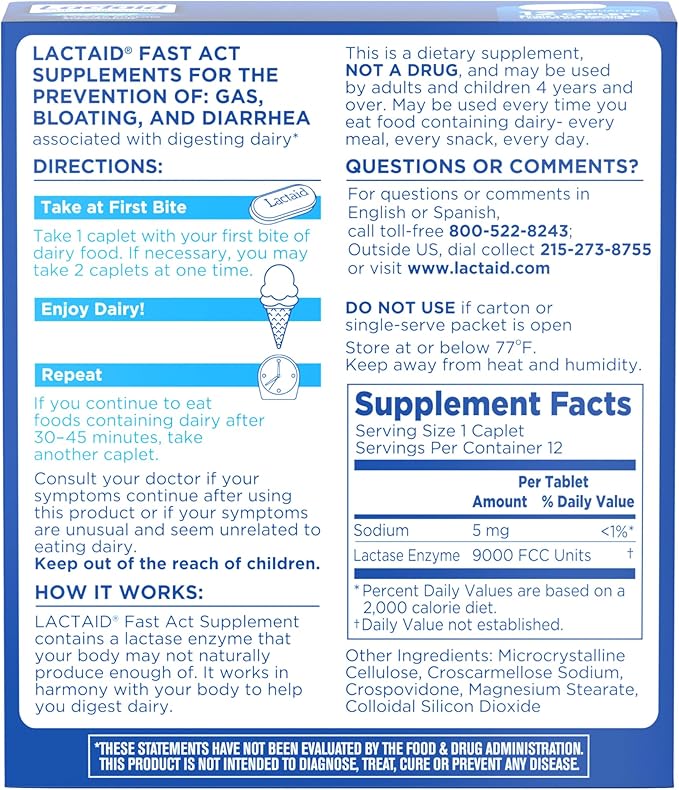 Lactaid Fast Act Lactose Intolerance Relief Caplets with Lactase Enzyme to Prevent Gas, Bloating & Diarrhea Due to Lactose Sensitivity, Ideal for Travel & On-The-Go, 12 Packs of 1-Count