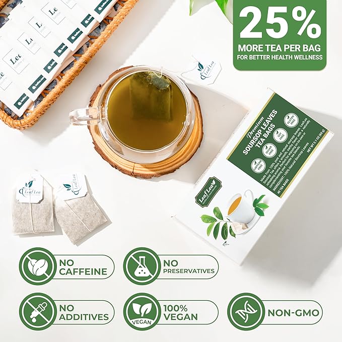 LeafLea 80 Soursop Leaf Tea Bags, from Natural Soursop Leaves (Graviola), Herbal Blend for Wellness, Sour Sop Herbal Tea Individually Wrapped for Freshness, Caffeine-Free, Vegan, No Sugar, Non-GMO