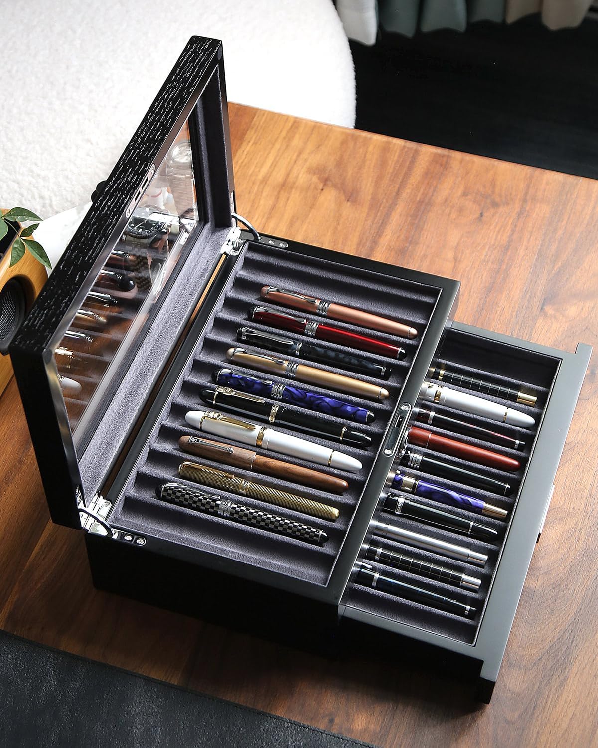 Wood Pen Display case 24 Slot Fountain Pen Box Storage Organizer with Drawer, Top Glass Window Pen Collection Display Case