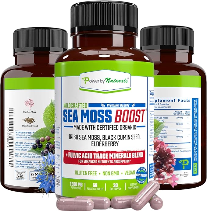 Power By Naturals Sea Moss Advanced with Black Seed Oil & Elderberry Capsules - Certified Organic Irish Sea Moss Capsules for Energy, Gut & Immune Support - Sea Moss Pills with (60+ Minerals) 60 Pills