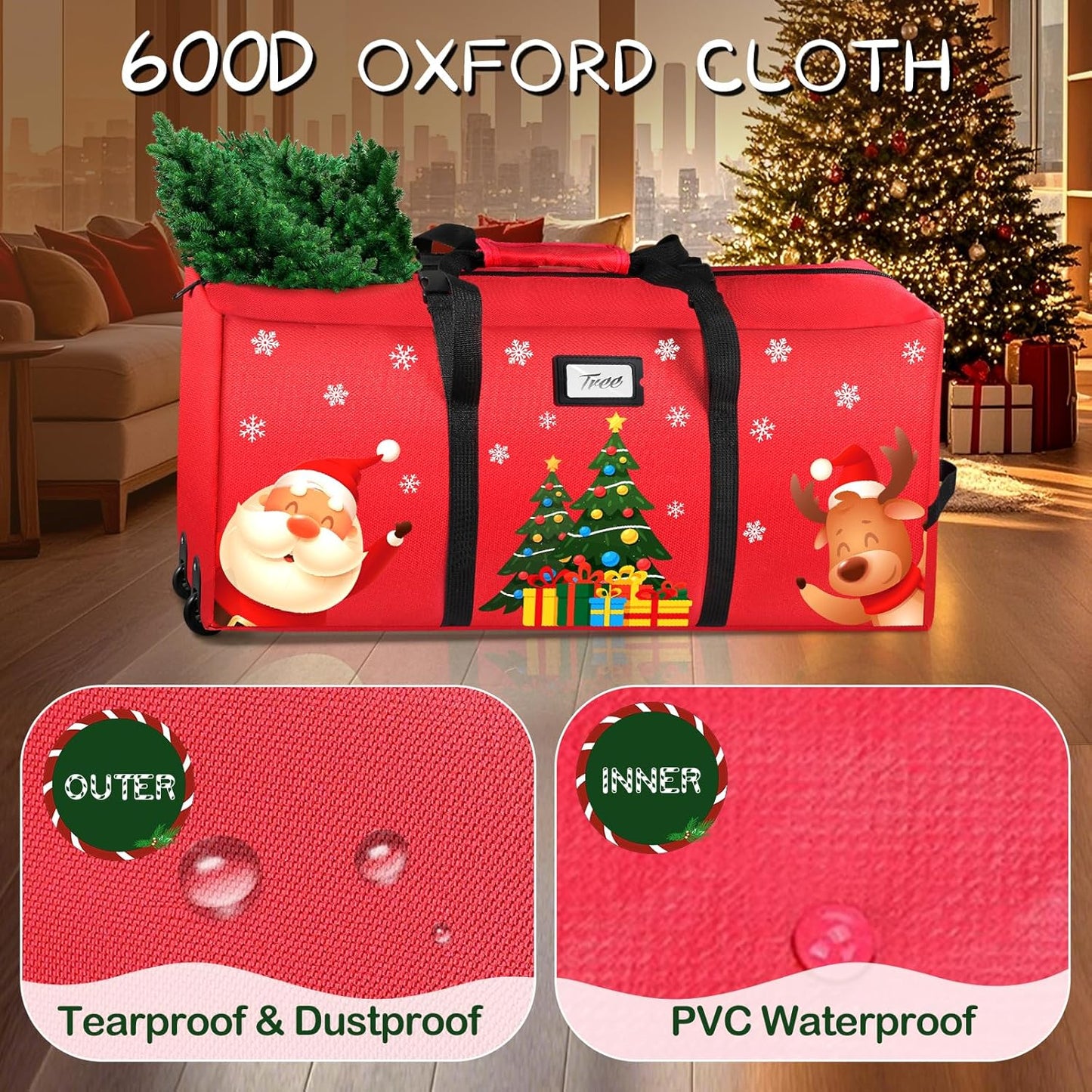 Christmas Tree Storage Bag, Fits Up to 9Ft Xmas Disassembled Tree, Heavy Duty 600D Oxford Christmas Tree Bag Storage Box with Rolling Wheels & Handles, Large Tree Bags for Storage (Red)