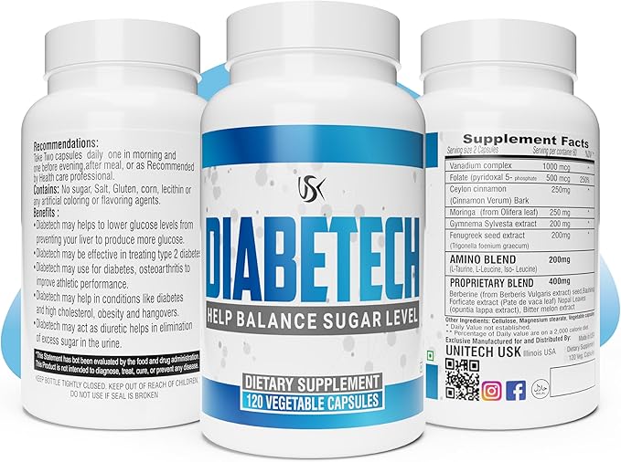 Unitech USK Diabetech Capsules | Herbal Formula with Fenugreek, Ceylon Cinnamon, Bitter Melon & Other Botanicals | Supports Healthy Metabolism | 60 Capsules