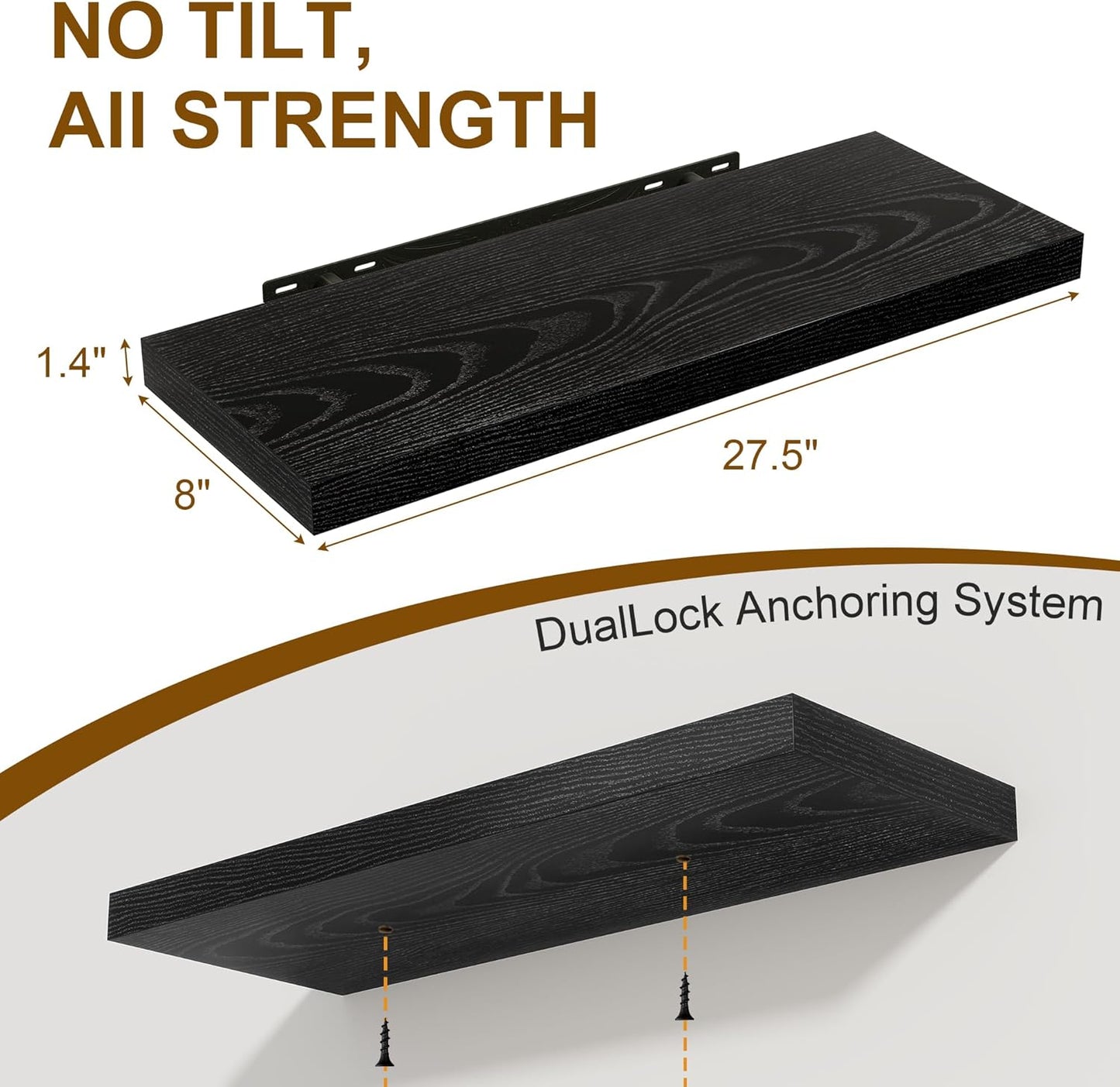 Black Floating Shelves for Wall, 27.5 Inch Bathroom Shelves Set of 2, Rustic Wood Wall Shelf with Invisible Brackets for Books|Storage|Decor, 8 Inch Deep Floating Shelf for Bedroom|Kitchen