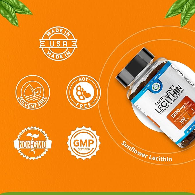 Sunflower Lecithin 1200 MG 100 Softgels, 100-Day Supply Guaranteed Pure, Non-GMO, Soy-Free, Supports Brain, Heart, Nerve, Liver Health, Cognitive Function, Healthy Cholesterol, High Absorption Formula