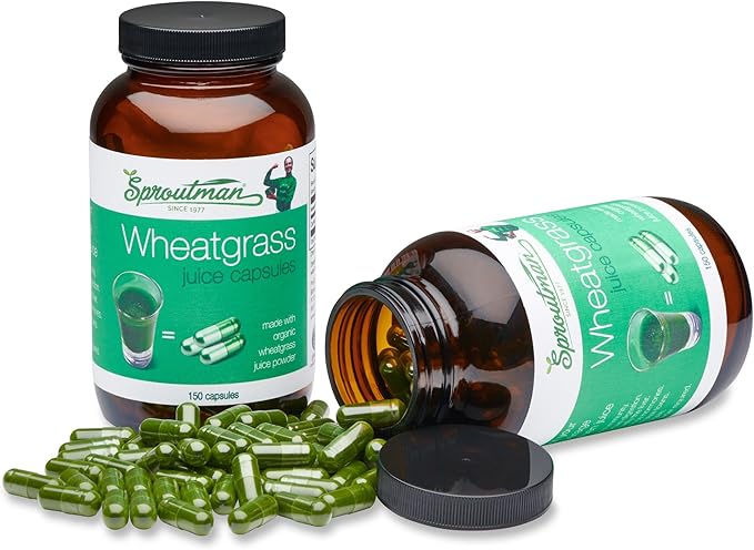 Organic Wheatgrass Juice Powder Capsules by Sproutman - 100% Pure Wheatgrass - Aids Digestion - High in Vitamins, Antioxidants, Chlorophyll, Enzymes, Minerals & Energy (150 Pills)