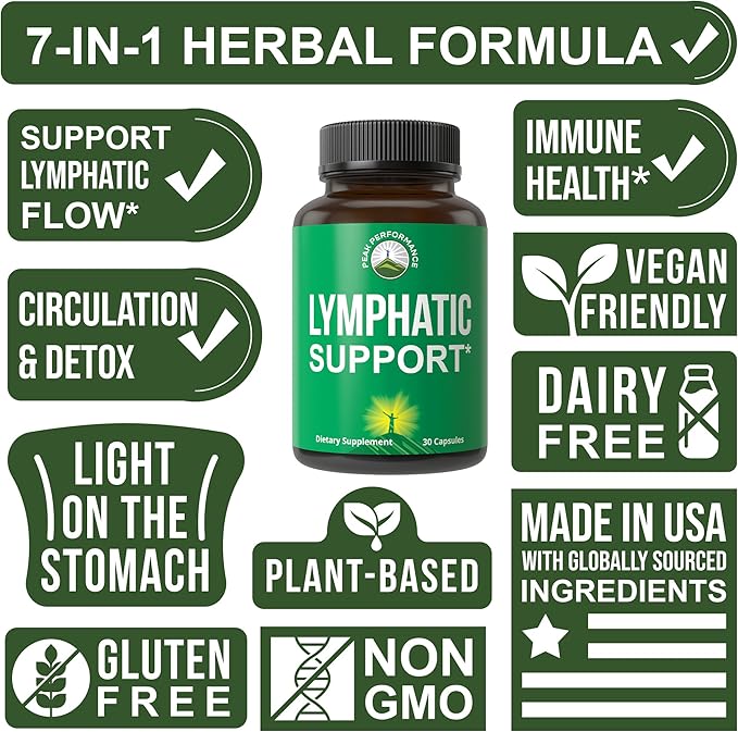 Lymphatic Drainage Supplement. 7-in-1 Lymph System Support Capsules to Detox & Cleanse. With Vegan Ingredients Echinacea Root, Red Clover Blossom, Burdock Root, Red Root, Licorice Root for Women, Men