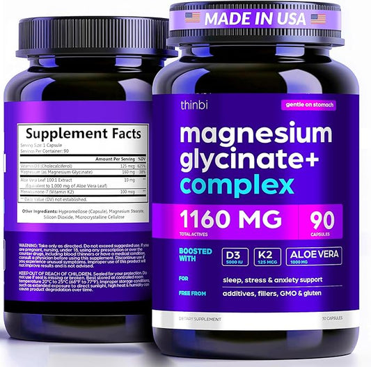 Magnesium Glycinate 1160mg + Aloe Vera, D3 & K2 Complex 90 Capsules – High Absorption, Non-Laxative – Supports Healthy Stress Response, Muscle Function & Healthy Metabolism Chelated Formula