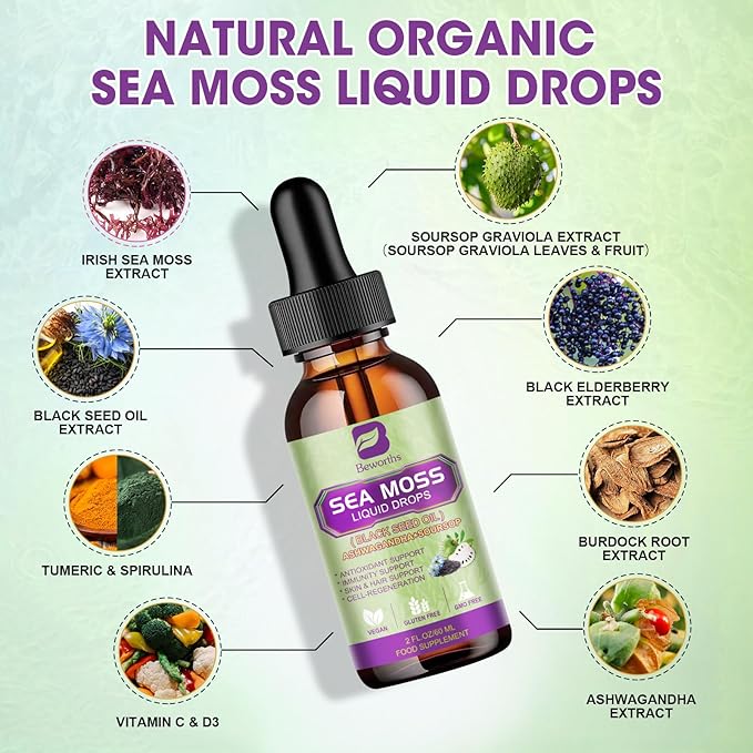Sea Moss Liquid Drop - Black Seed Oil & Irish Sea Moss Gel with Ashwagandha, Soursop Bitters, Burdock Root, Bladderwrack, Elderberry, 6X Stronger Seamoss Supplment for Immune, Gut Health, Hair Support