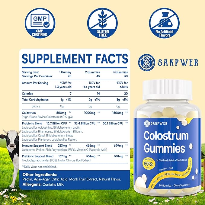 Bovine Colostrum Supplement Gummies - with 60% Highest IgG, Lactoferrin, Probiotics and Prebiotics for Adults and Kids, Vanilla Flavor & Sugar Free, 2 Pack