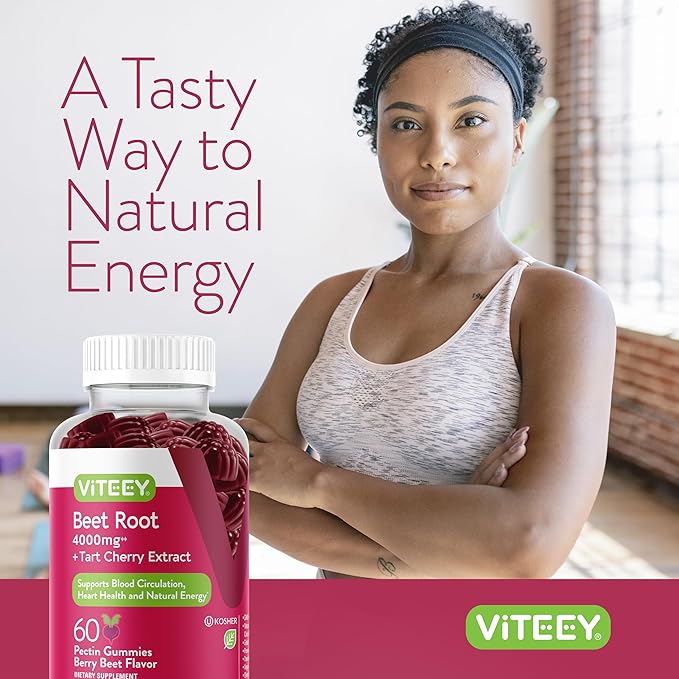 Viteey Beet Root Gummies with Tart Cherry - Beetroot Supplement for Heart Health, Blood Pressure Support - Vegan, Gluten-Free - 120 Count