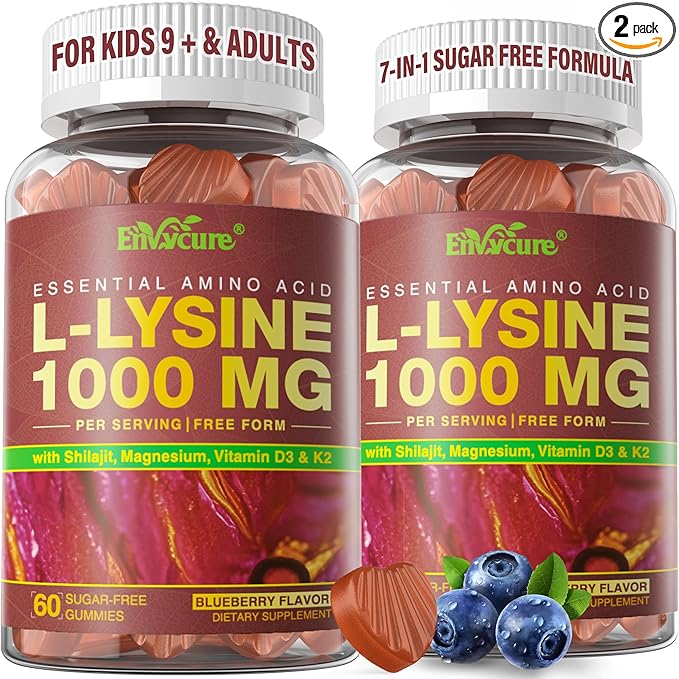 L-Lysine 1000mg/500mg Cold Sore Gummies for Adults & Kids 9+ | w/Vitamin D3, K2, C, Zinc & Magnesium | Chewable Lysine Gummy Amino Acid Supplements for Lips, Immune & Bone Health, Sugar Free, 120Cts