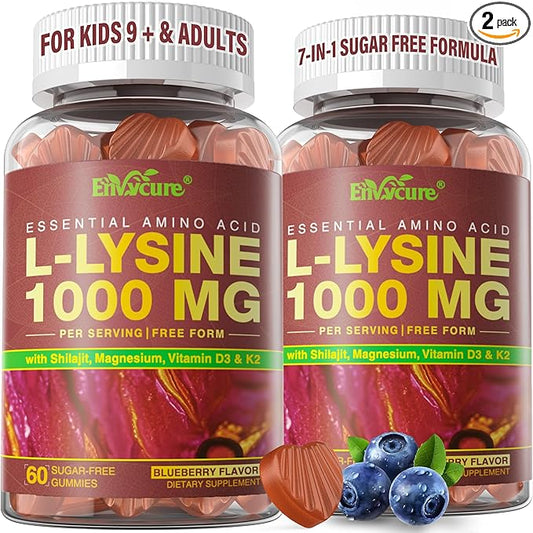 L-Lysine 1000mg/500mg Cold Sore Gummies for Adults & Kids 9+ | w/Vitamin D3, K2, C, Zinc & Magnesium | Chewable Lysine Gummy Amino Acid Supplements for Lips, Immune & Bone Health, Sugar Free, 120Cts