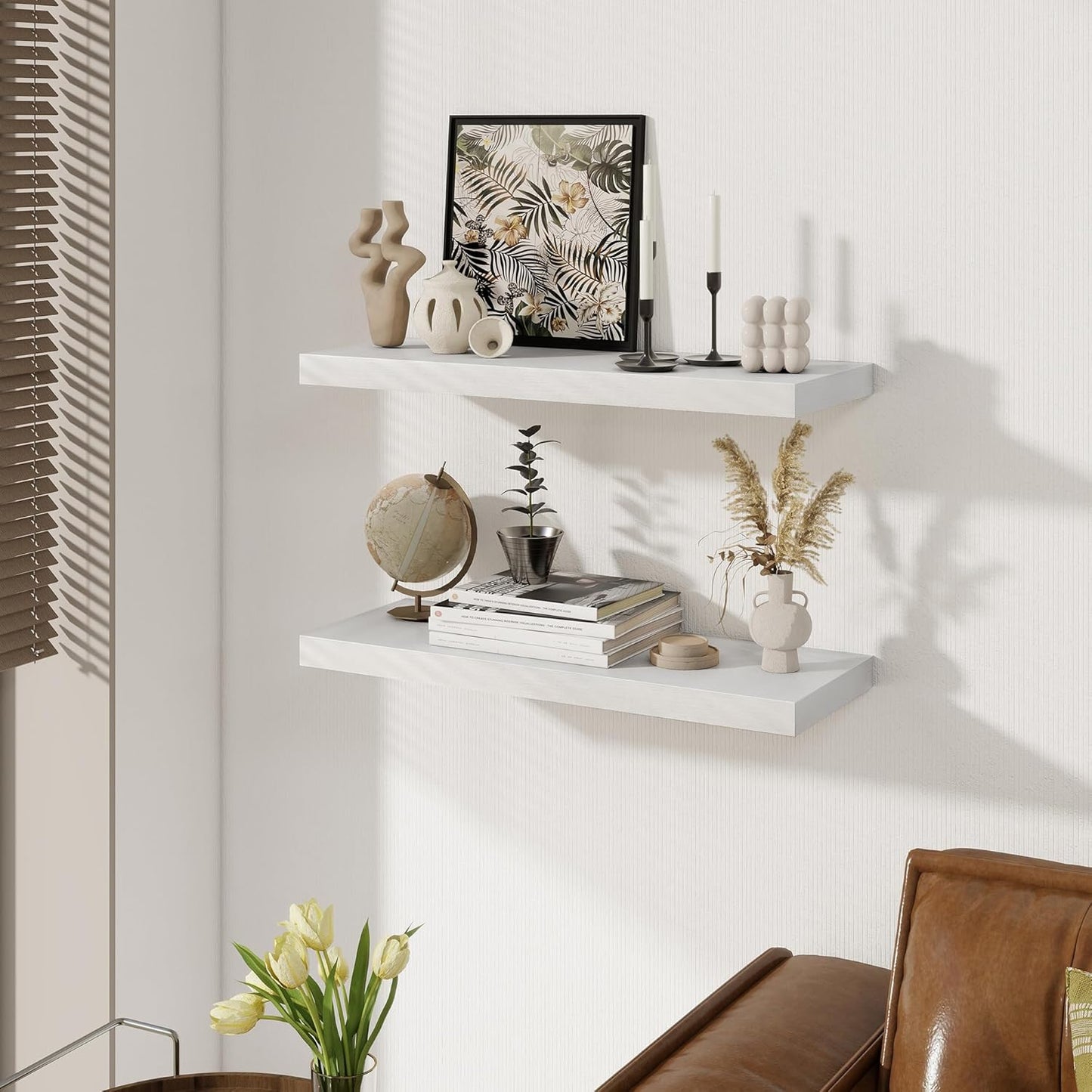 White Floating Shelves for Wall, 27.5 Inch Bathroom Shelves Set of 2, Rustic Wood Wall Shelf with Invisible Brackets for Books|Storage|Decor, 8 Inch Deep Floating Shelf for Bedroom|Kitchen