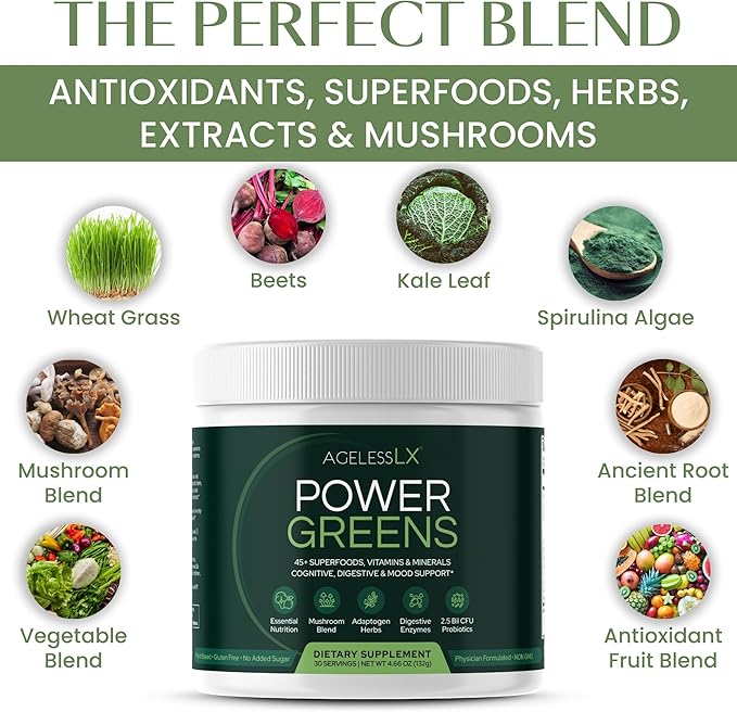 Power Greens, 42 Superfoods with Probiotics, Enzymes, and Prebiotic Fiber for Enhanced Energy, Immunity & Digestive Health, 30 Servings