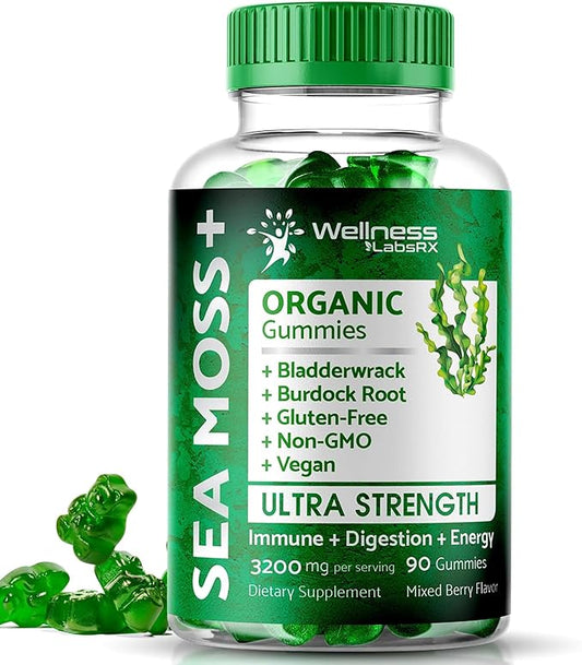 Sea Moss Gummies, 3200mg Irish Sea Moss Mixed Berry Flavor with Maximum Potency Bladderwrack and Burdock Root - Supports Skin, Energy and Immunity - 90 Count