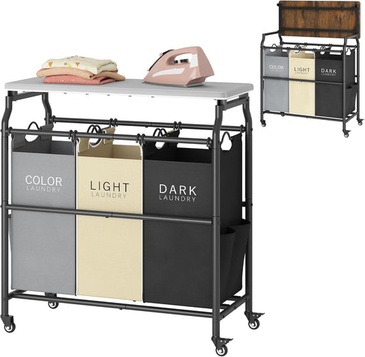 Hoctieon 3 Section Laundry Sorter Cart with Ironing Board, Laundry Hamper Basket with Shelf and Wheels, Heavy Duty Clothes Organizer, Large Clothes Separator with Removable Bags, Black+Gray+Beige