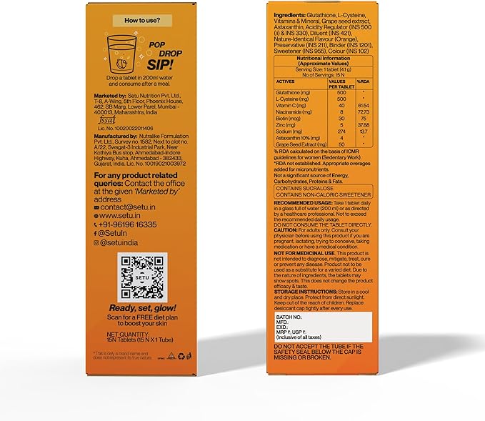 Glutathione Effervescent Tablets for Skin with 500mg L-Glutathione & Vitamin C | Sugar-Free Antioxidant Supplement for Clear, Glowing Complexion | Mixed Berry & Orange (Pack of 2) | 30 Tablets
