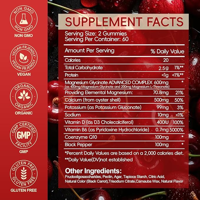 Magnesium Glycinate Gummies 600mg for Women and Men, High Absorption Magnesium Glycinate with Vitamin D, B6, and CoQ10 for Calm Support & Sleep, Sugar Free, Vegan, 120 Count