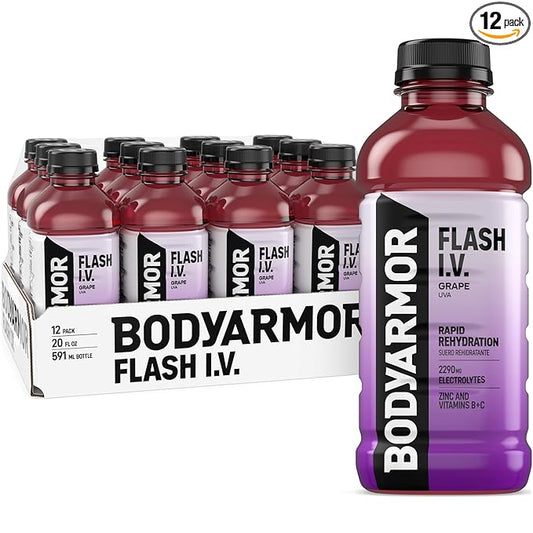BODYARMOR Flash I.V. Electrolyte Beverage, Grape, Hydration Drink with Coconut Water For Rapid Rehydration, Post Workout Recovery, 20 Fl Oz (Pack of 12)
