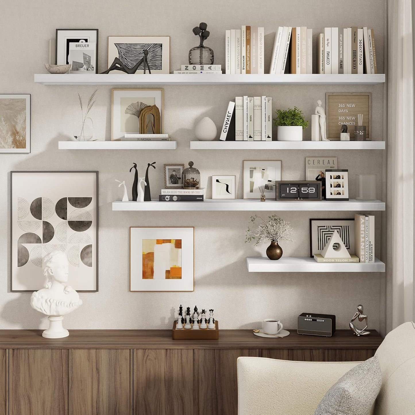 72 Inch Floating Shelves 2 Pack, 8 Inch Deep Floating Shelf Wall Mounted, Large Shelves with Invisible Bracket for Books|Storage, Rustic Wood Wall Shelf for Bedroom, Kitchen, Living Room, White